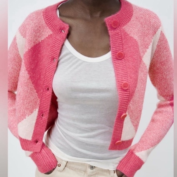 Zara Sweaters - NWT Zara Argyle Crop Cardigan, Pink Jacquard Knit | Sz M